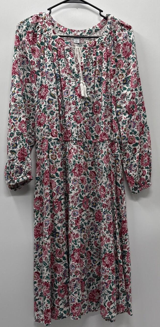 Old Navy Pink Floral Split Neck Tassel Midi Dress Long Sleeve Sz L Cottage Core